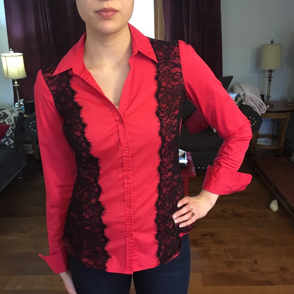 Elegant red button down with black lace